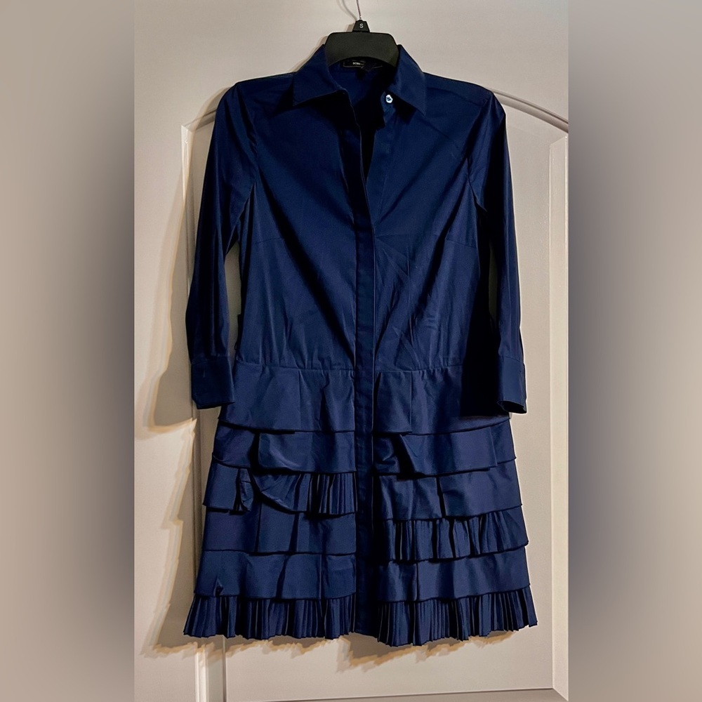 BCBGMAXAZRIA Designer Shirt Dress Women S Navy Blue Tiered Ruffle Pleated